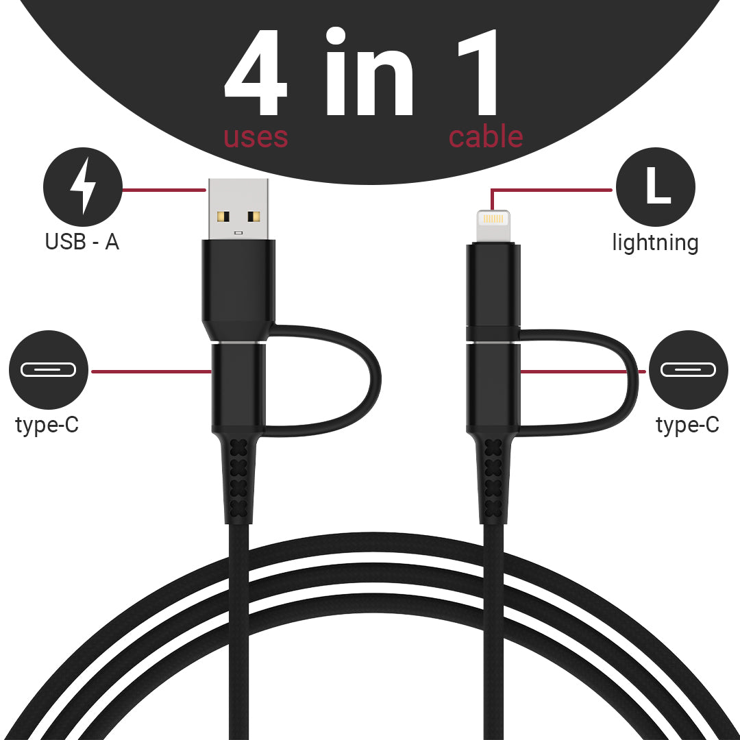 Techcraft 4-in-1 Data Cable: Seamless Connectivity for Android and iPhone Users On the Go